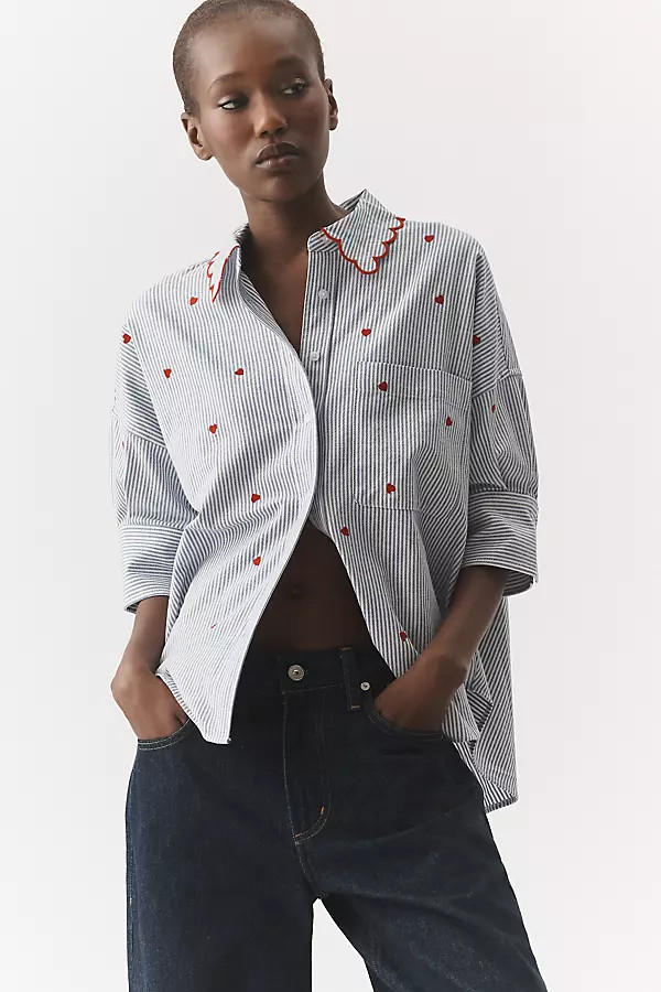 Mabel Boxy Oxford Embroidered Shirt by Maeve Top | Anthropologie (US)