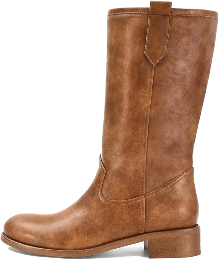 Mid Calf Boots for Women Chunky Block Heel Pull On Boots Round Toe Low Heel Trendy Stylish Riding... | Amazon (US)