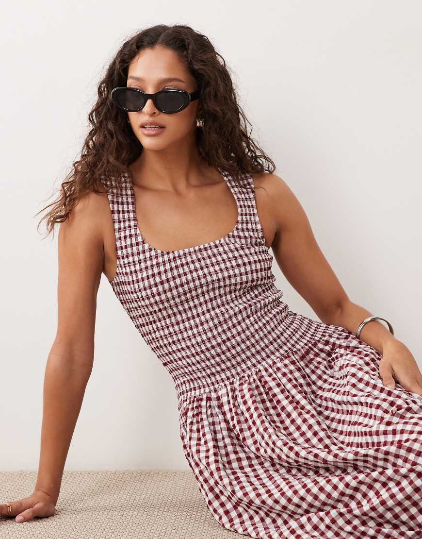 ASOS DESIGN scoop neck crinkle maxi sundress with shirred waist in burgundy and cream gingham-Multi | ASOS (Global)