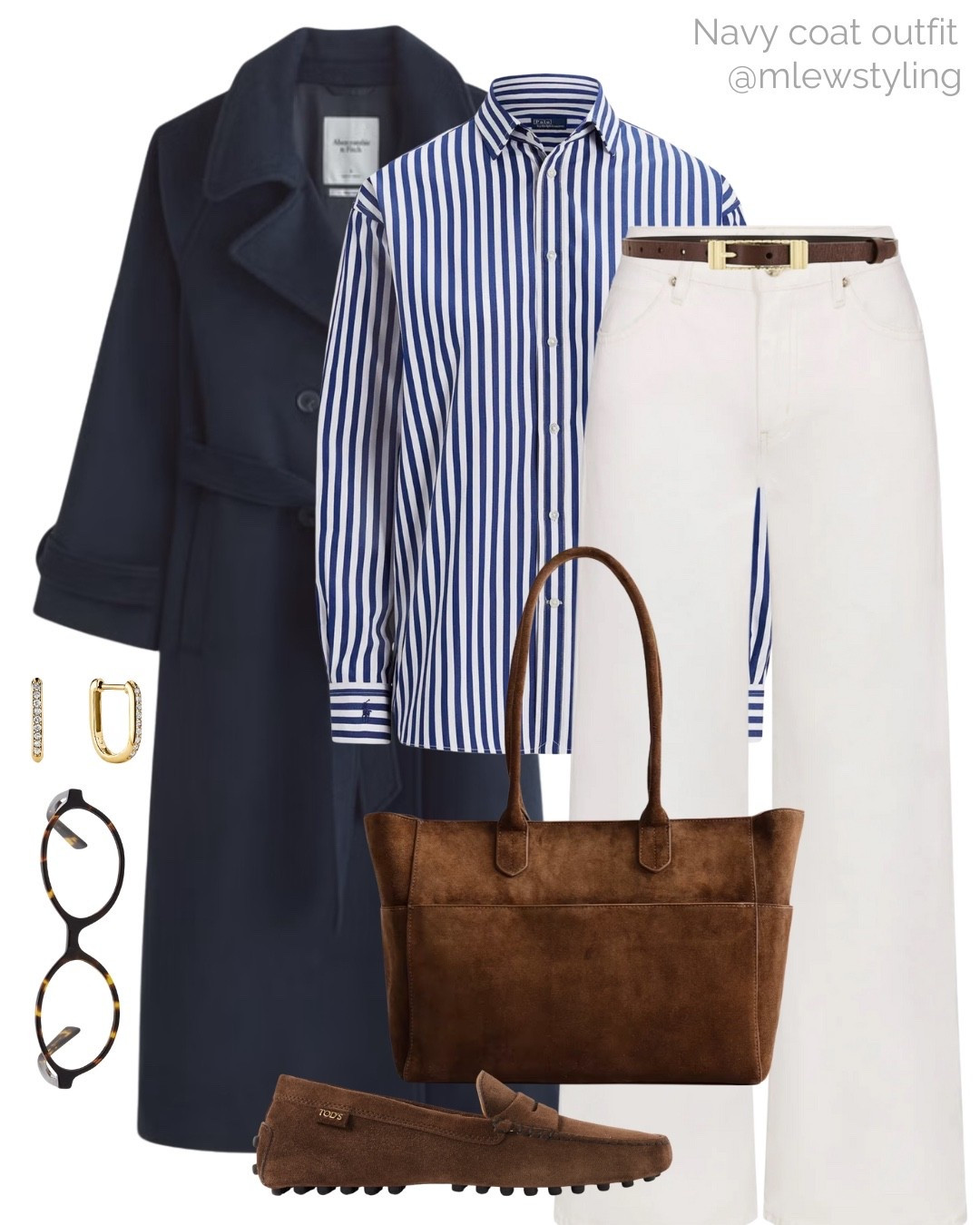 Autumn workwear with navy blue 💙

Tags: casual office outfit, winter work look, Abercrombie belted coat, striped polo Ralph Lauren button down, frame denim, white wide leg jeans, brown and gold belt, quince brown suede tote bag, moccasin loafer, blue light glasses 

#LTKSeasonal #LTKWorkwear #LTKootd