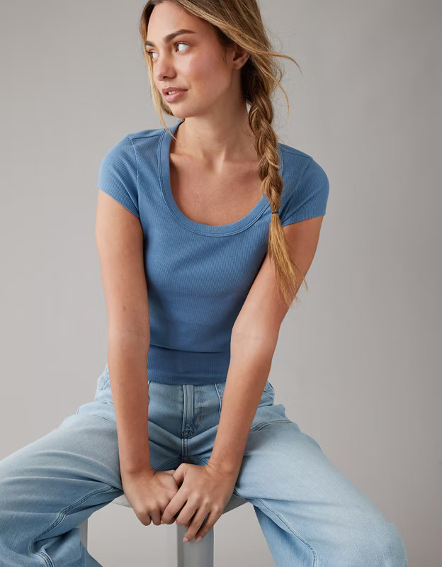 AE Hey Baby Short-Sleeve Scoop Ribbed Tee | American Eagle Outfitters (US & CA)