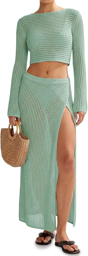 Saodimallsu Womens Crochet Beach Cover Ups Set 2 Piece 2026 Boat Neck Crop Long Sleeve Tops High ... | Amazon (US)
