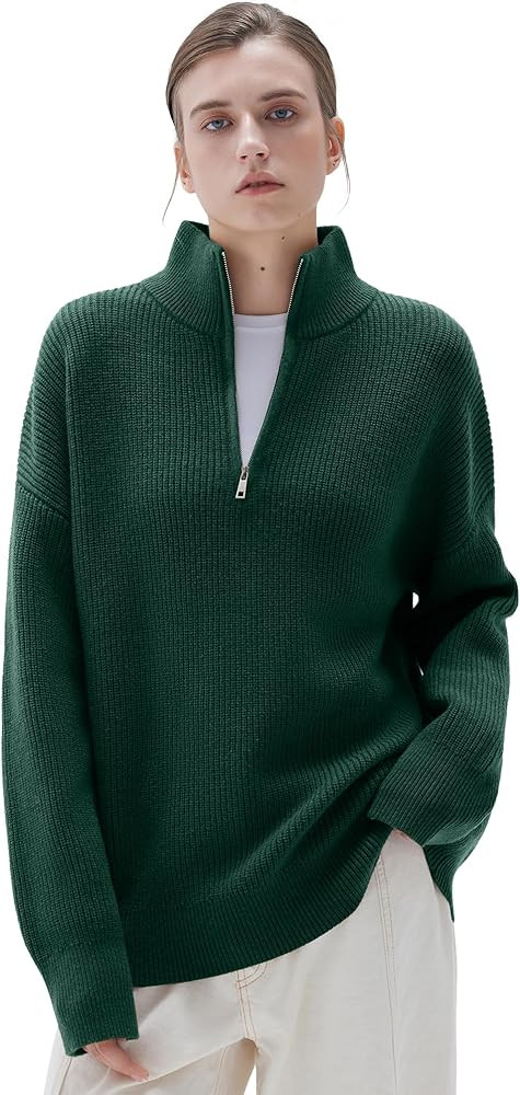 SUUKSESS Women Cashmere Oversized Quarter Zip Pullover Sweater Long Sleeve Collared Ribbed Knit J... | Amazon (US)