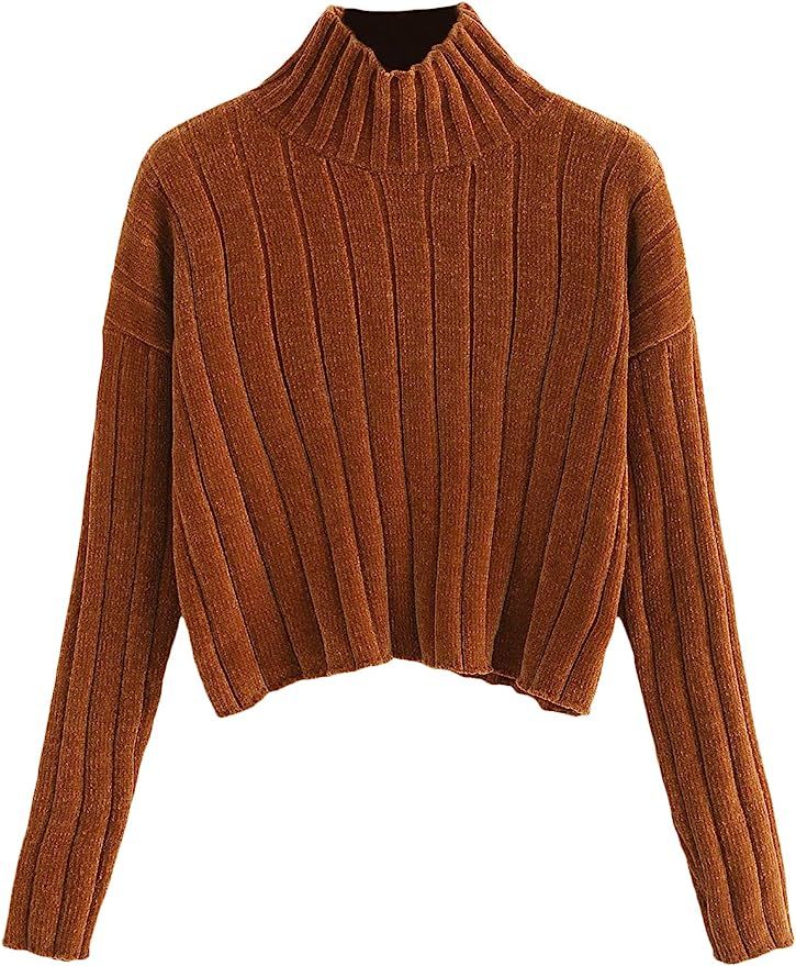 SheIn Women's High Neck Drop Shoulder Raw Hem Crop Sweater Pullovers | Amazon (US)
