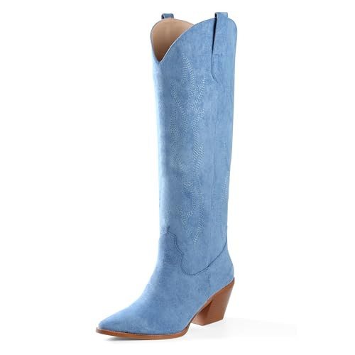 iiimmu Cowgirl Boots for Women Knee High Pointed Toe and Block Heel Cowboy Suede Boots with Embroidered, Blue Size 8 | Amazon (US)