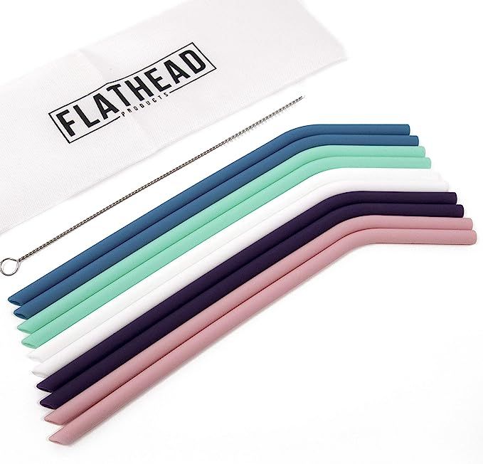 Flathead Set of 10 Reusable Silicone Drinking Straws - Extra long for 30oz and 20oz tumblers - Co... | Amazon (US)