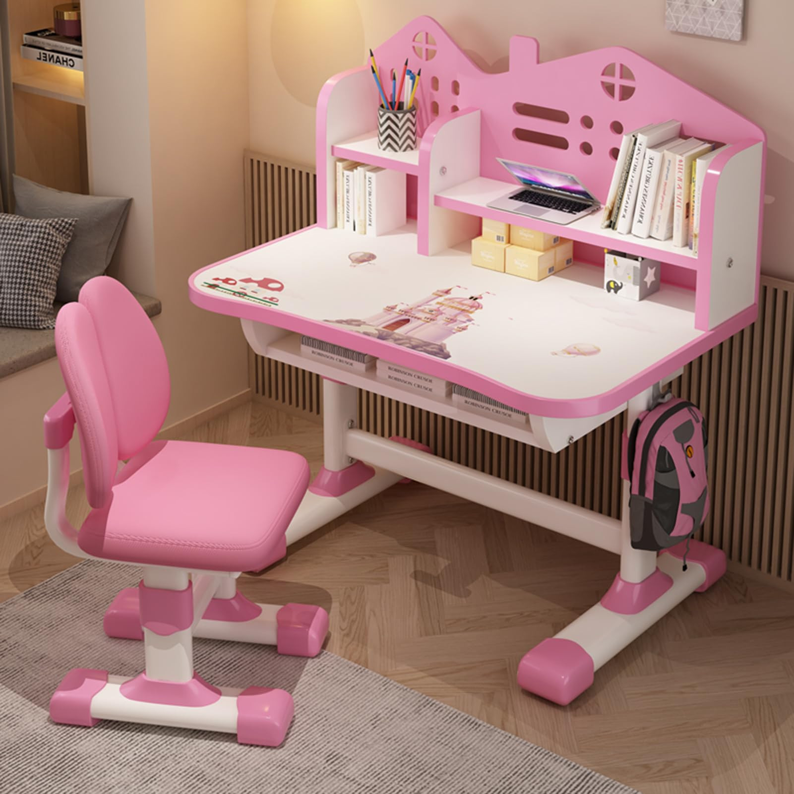Children Adjustable Desk and Chair Set, Study Table for Kids, Pink Home School Writing Desk with ... | Amazon (US)