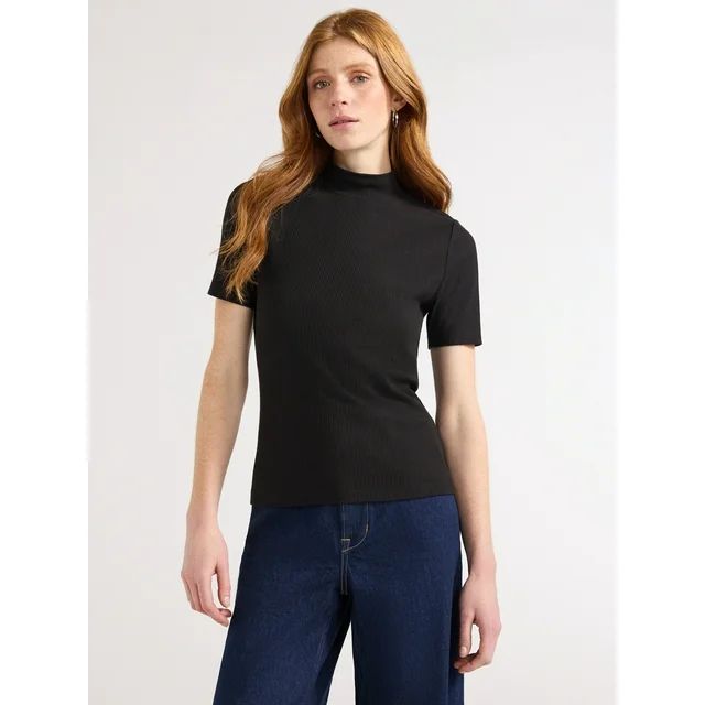 Free Assembly Women's Ribbed Mock Neck Top with Short Sleeves, Sizes XS-XXL | Walmart (US)