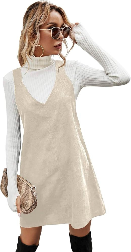 Milumia Women V Neck Corduroy Pinafore Overall Mini Dress Jumper Dress | Amazon (US)