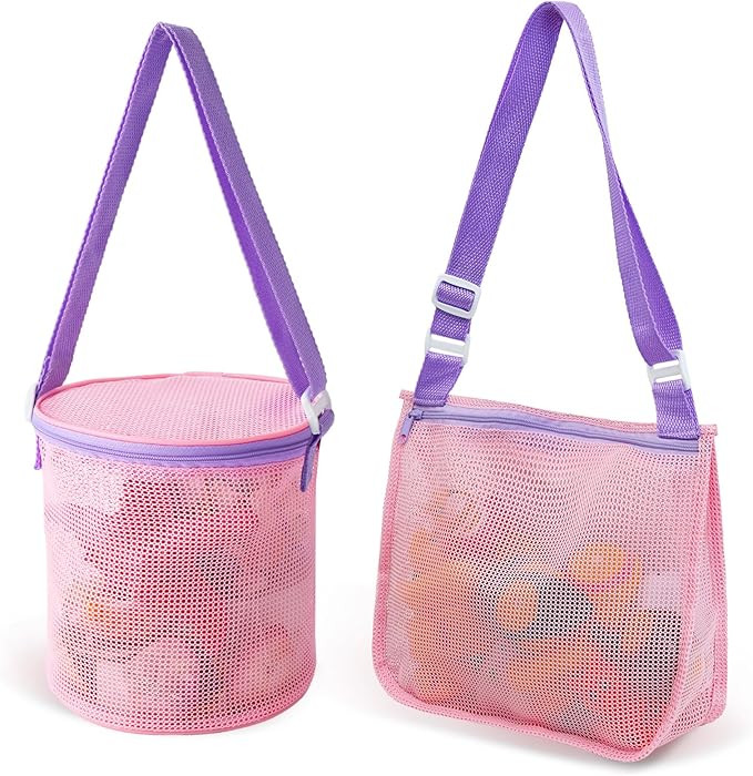 AMOR PRESENT 2PCS Shell Bags, Pink Mesh Toy Bag Shell Collecting Bag Totes with Zipper Sea Beach ... | Amazon (US)