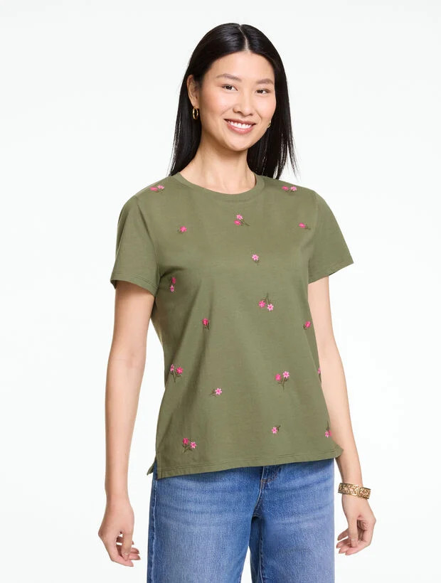 Embroidered Crewneck Tee - Tossed Flowers | Talbots