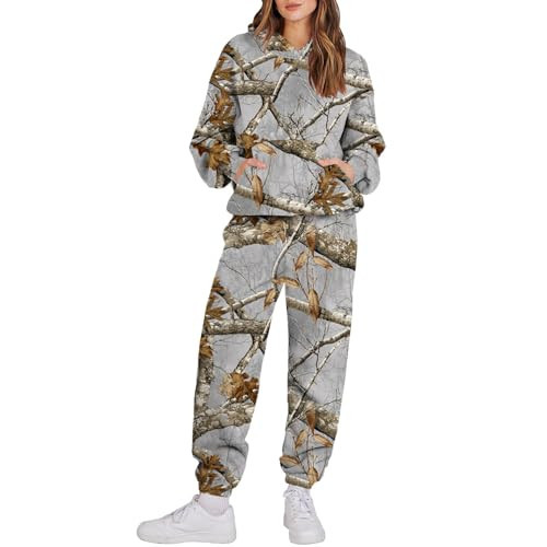 Camo Hooded Sweatshirt for Women,Camo Sweatsuits for Women Set 2 Piece Camouflage Hoodies Maple Leaf Print Oversized Sweatshirt Lounge Fall Outfits(Brown,Small) | Amazon (US)