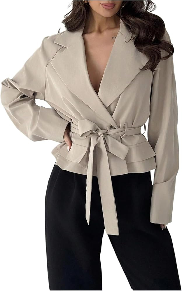 GORGLITTER Women's Cropped Short Trench Coat Jacket Blazer Fall Trendy Long Sleeve Belt Business ... | Amazon (US)