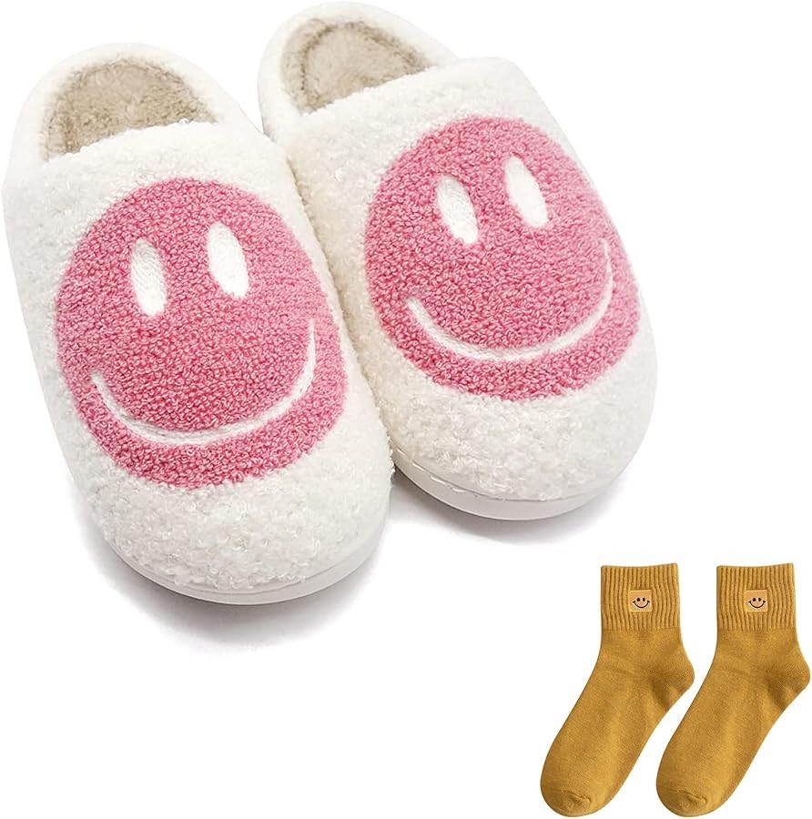 Happy Face Slippers Retro Cozy Comfy Plush Warm Slip-on Slippers Winter Soft Fuzzy Indoor House S... | Amazon (US)