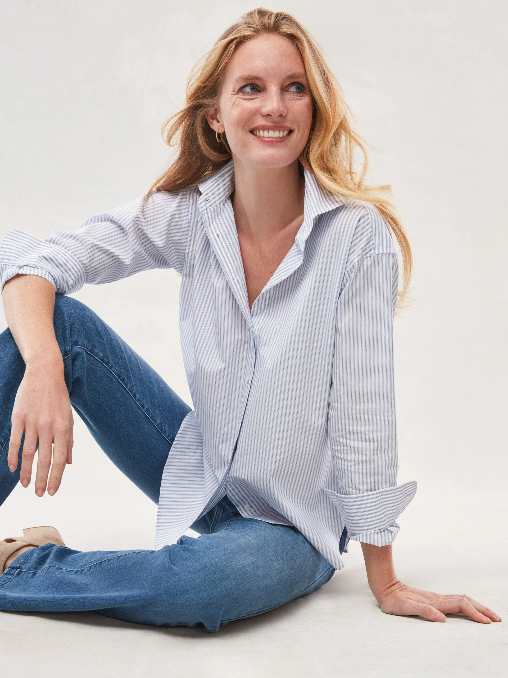 J.McLaughlin Women's Finn Shirt in Stripe White/French Blue, Size Medium | Cotton | J.McLaughlin