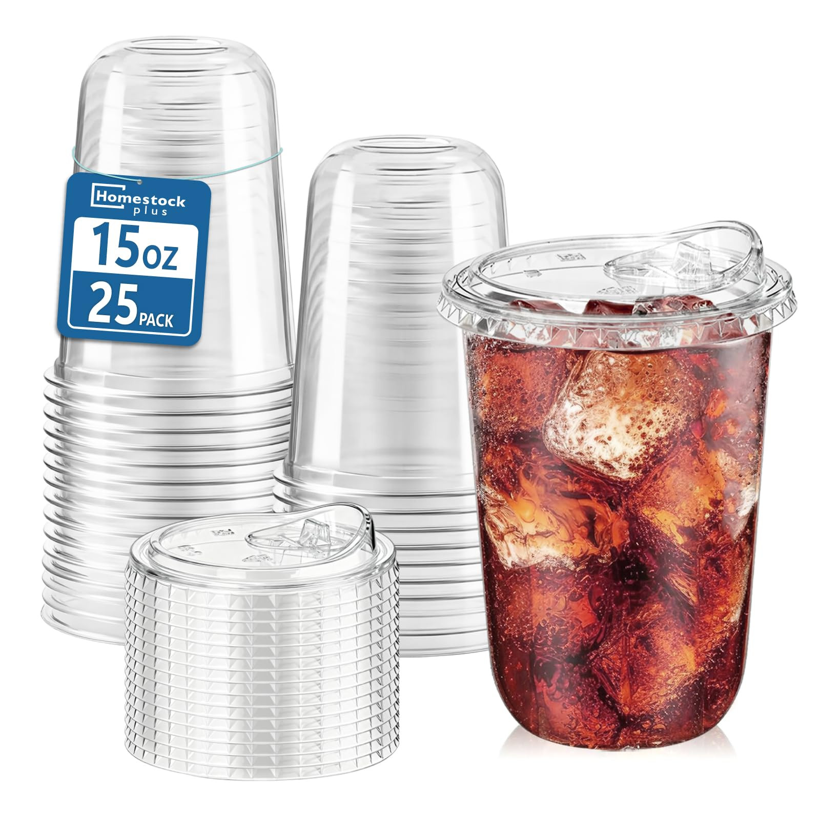 Homestockplus 25 Pack 15 oz BPA-Free Clear Plastic Cups with Strawless Sip Lids - Leak-Proof Roun... | Amazon (US)