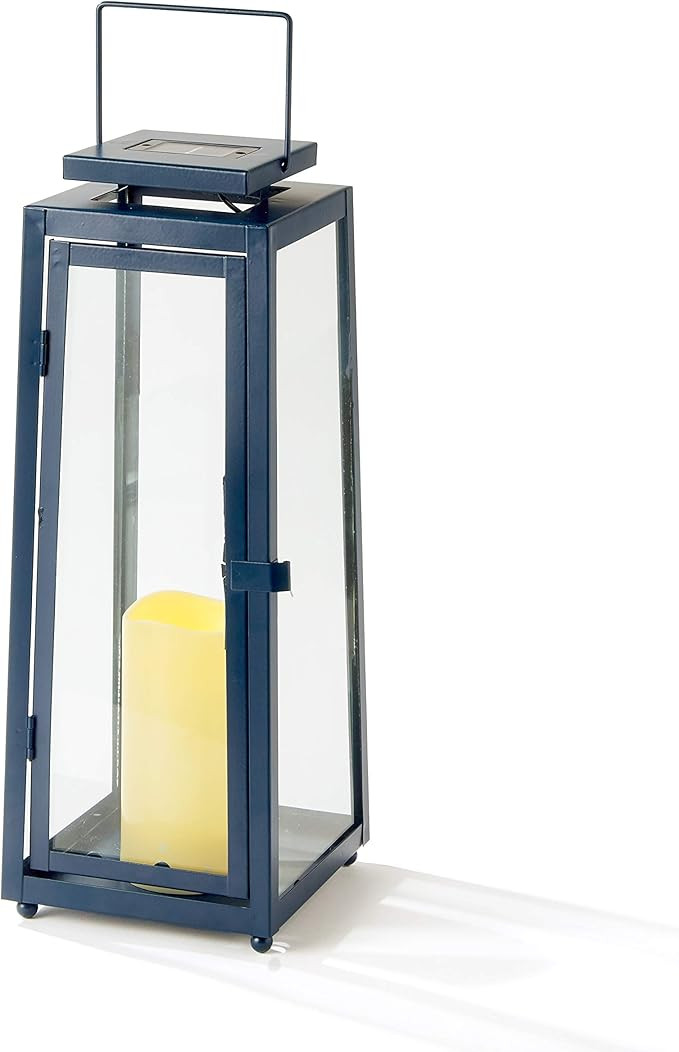 Blue Outdoor Candle Lantern - 15 Inch Tall, Solar Powered, Navy Metal with Glass, Waterproof Flam... | Amazon (US)