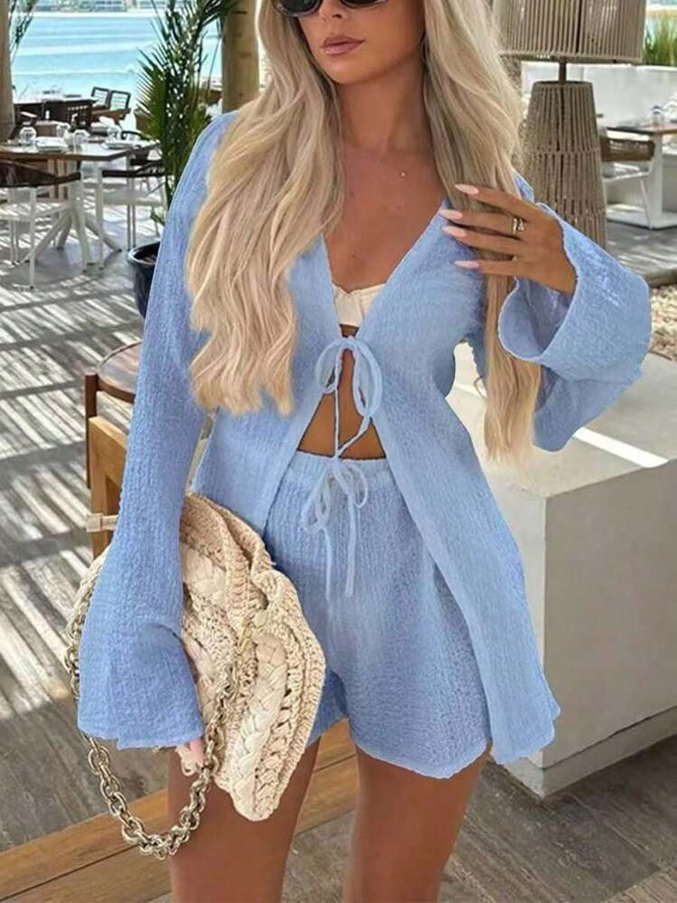 Women's Summer Vacation Minimalist Solid Color Textured Fabric Flared Sleeve Tie Front Top And Shorts Set | SHEIN