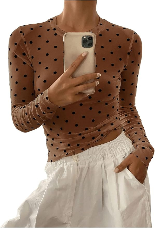 SHENHE Women's Polka Dots Sheer Mesh T Shirt Round Neck Slim Fitted Streetwear Top | Amazon (US)