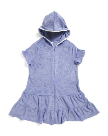 Girls Terry Zip Up Swim Cover-up With Pom Pom Trim | Polyester/Rayon | Marshalls