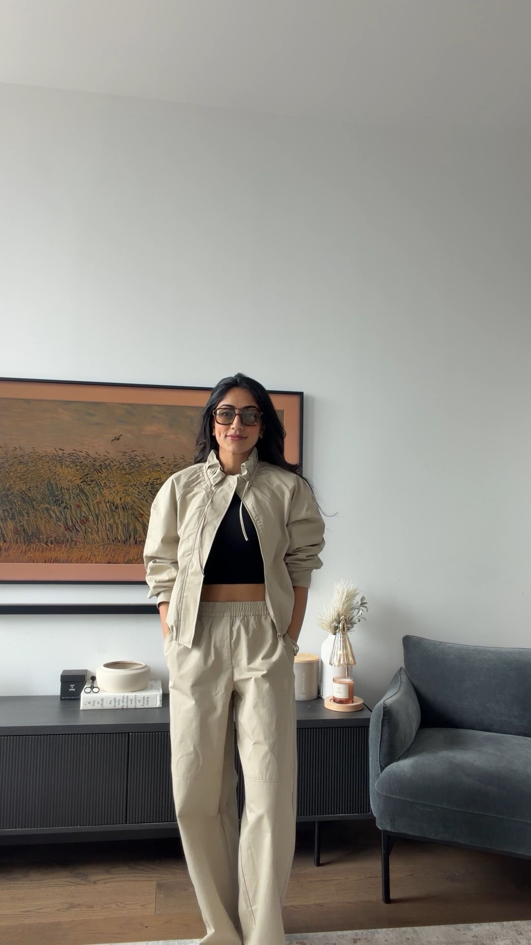 What I’m wearing today! This set is an H&M find. I am wearing a size small in the jacket and an extra small in the pants. My sunglasses are from Vehla (Dixie tort)  