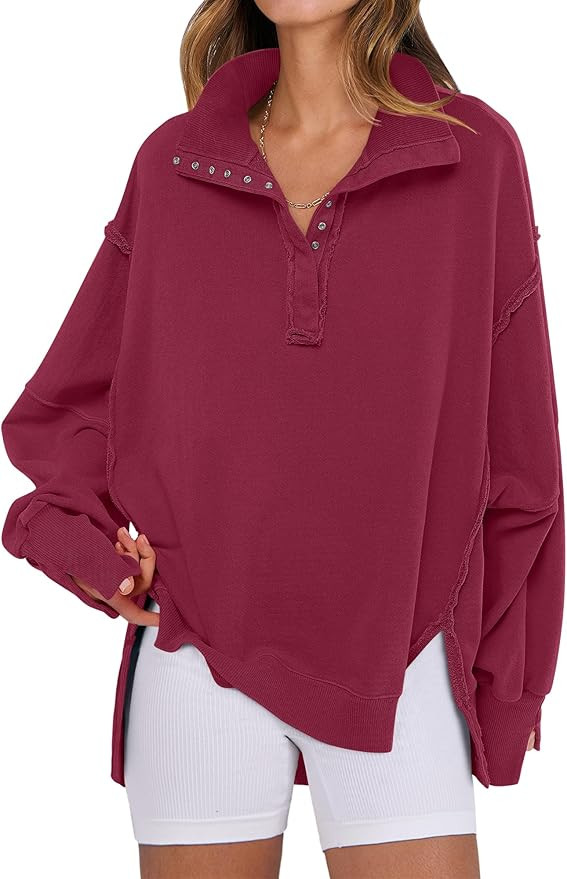 ANRABESS Women's Sweatshirts Oversized Casual Loose Button Up Henley Pullover Top High Low Split ... | Amazon (US)