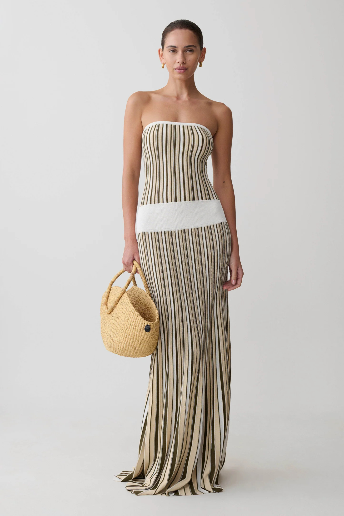 Joyce Stripe Maxi Knit Dress - Khaki/Ivory | MESHKI US