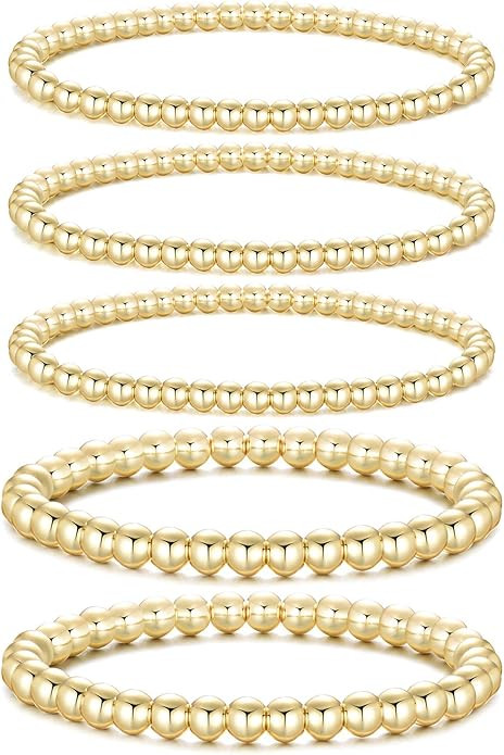 Dndty 14K Gold Plated Bead Ball Bracelets Stretchable Elastic Gold Beaded Bracelets for Women | Amazon (US)