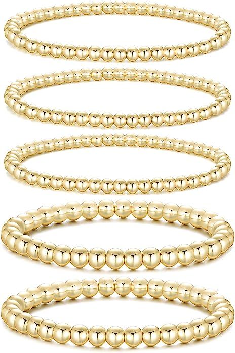 Dndty 14K Gold Plated Bead Ball Bracelets Stretchable Elastic Gold Beaded Bracelets for Women | Amazon (US)