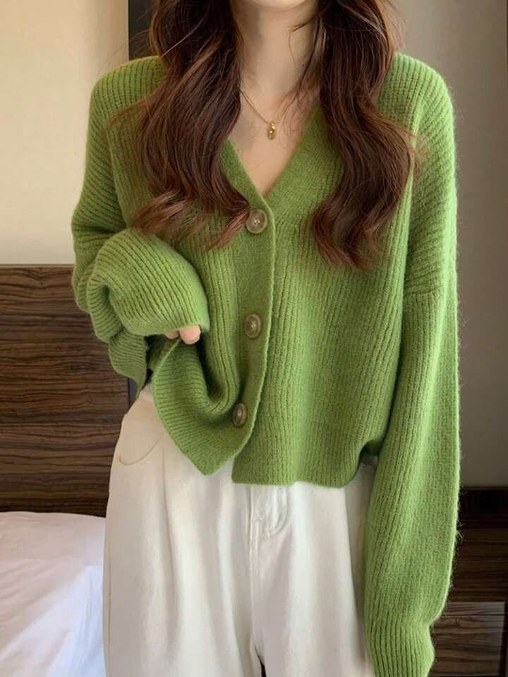 Classic Simple Solid Color V-Neck Cardigan, All-Match Style | SHEIN
