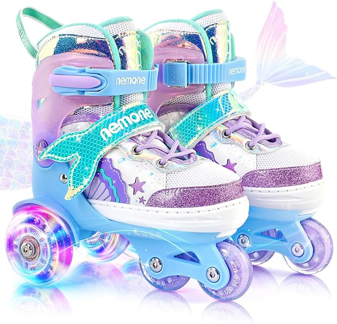 NEMONE Mermaid 4 Size Adjustable Light up Roller Skates for Girls, Purple Blue Skates for Toddler... | Amazon (US)