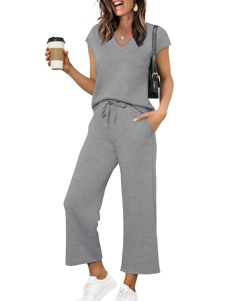 Saloogoe Two Piece Sets for Women Summer Outfits Lounge Sets V Neck Tops Wide Leg Pants Woman Vac... | Amazon (US)