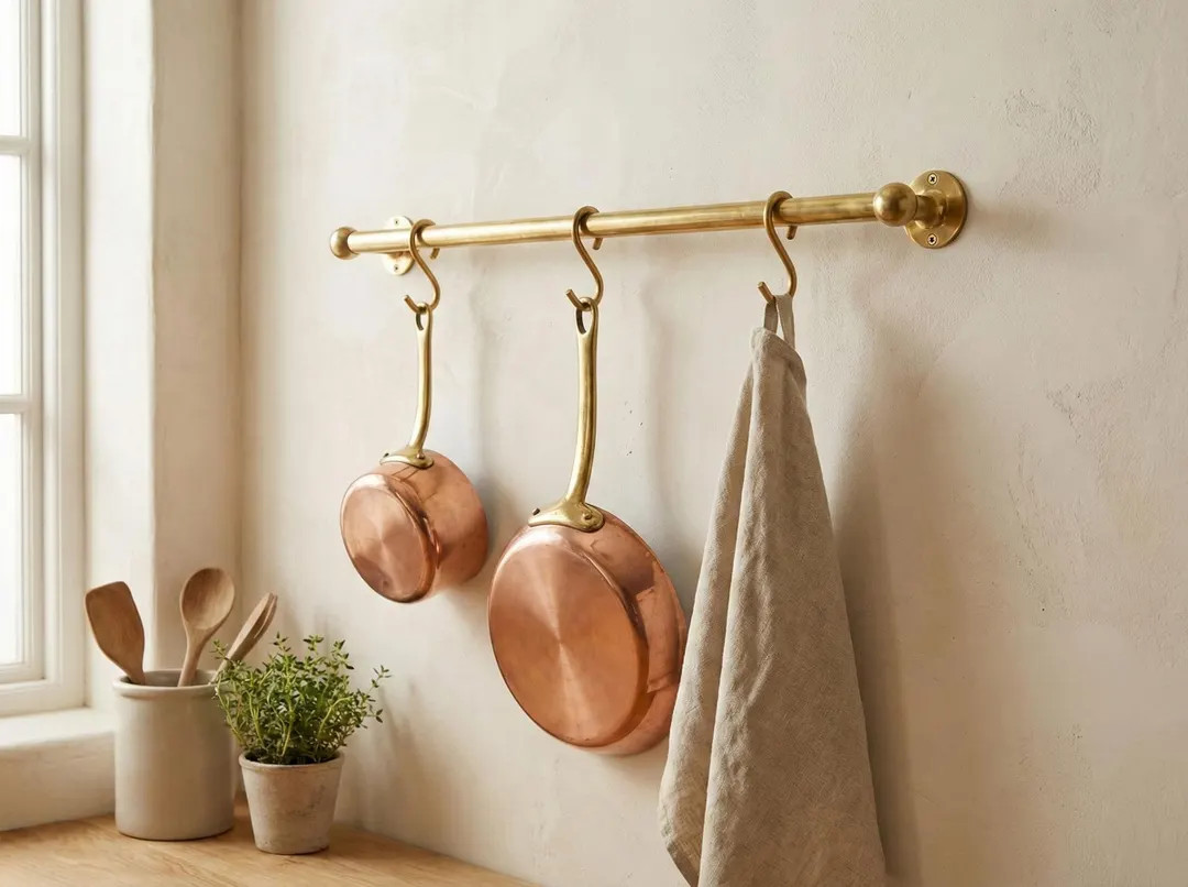 Antique Brass Kitchen Rail with S-Hooks, Wall Mount Utensil Bar, Solid Brass Pot Hanger, Vintage ... | Etsy (US)