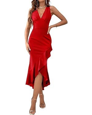 Vrtige Women's V Neck Wrap Front Sleeveless Ruffle Hem Zipper Cocktail Bodycon Midi Dress | Amazon (US)