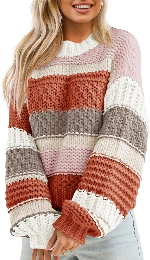 Saodimallsu Womens Color Block Sweater Striped Chunky Knit Cropped Sweaters Crewneck Fall Long Sl... | Amazon (US)