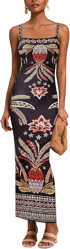 Floerns Women's Tropical Bow Tie Back Long Dress Sleeveless Split Vacation Maxi Dress | Amazon (US)