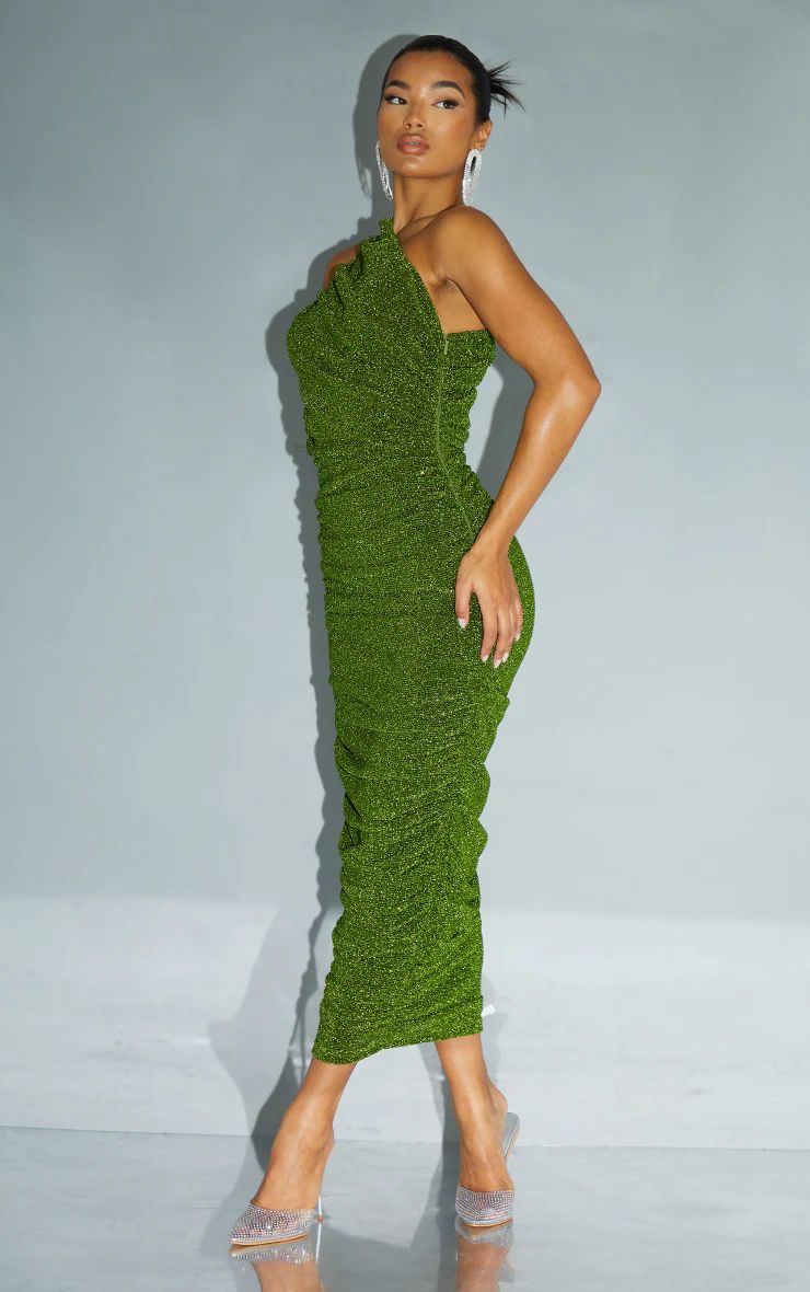 Green Glitter Plisse Ruched One Shoulder Midi Dress | PrettyLittleThing US
