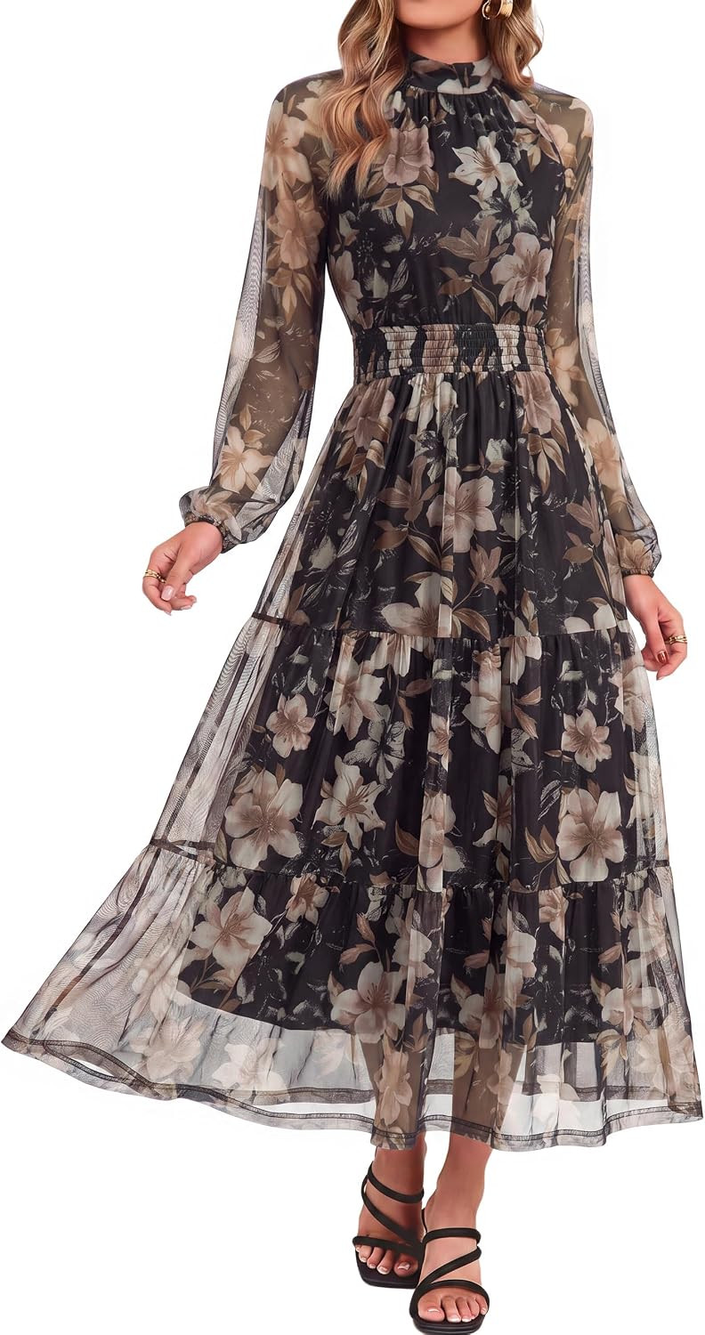 Simplee Womens Floral Wedding Guest Maxi Dress Flowy Mesh Fall Dress | Amazon (US)