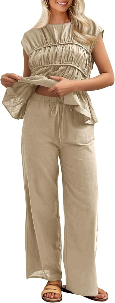 Tankaneo Womens 2 Piece Sets Summer Linen Babydoll Peplum Pleated Tank Top Pants Set Cotton Trave... | Amazon (US)