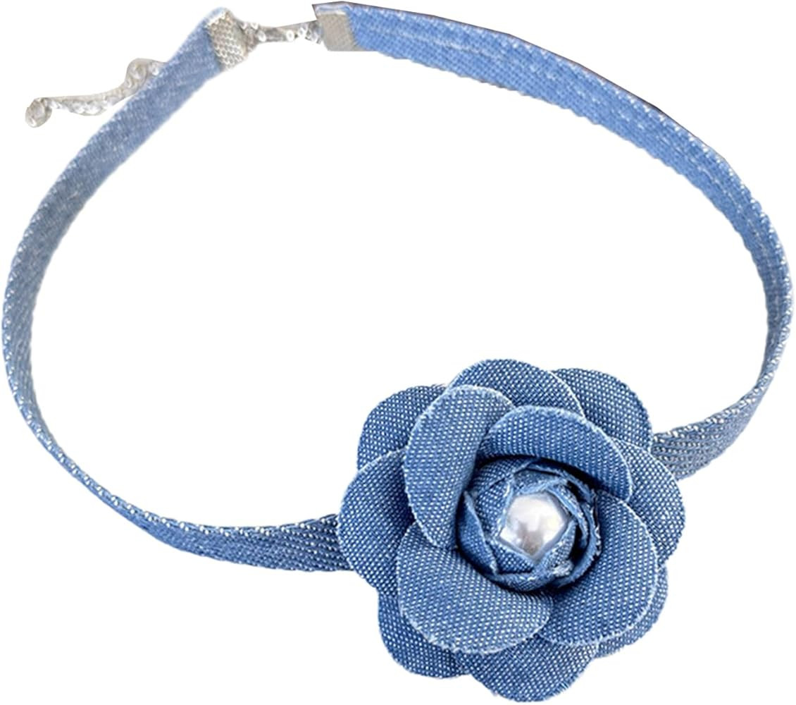 Choker Necklace Elegant Blue Denims Flower Necklace 3D Flower Collar Chain Lace-up Choker Necklaces Summer Trend Clavicle Chain Jewelry, Length: 33+6cm | Amazon (US)