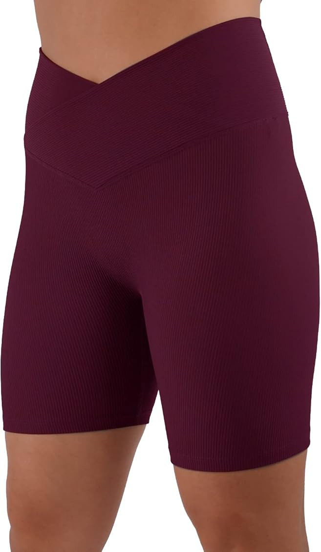 Womens 5" Crossover Workout Shorts High Waisted Ribbed Butt Lift Biker Running Compression Yoga Shor | Amazon (US)