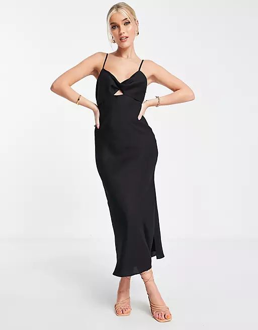 Forever New twist front cut out linen slip dress in black | ASOS (Global)