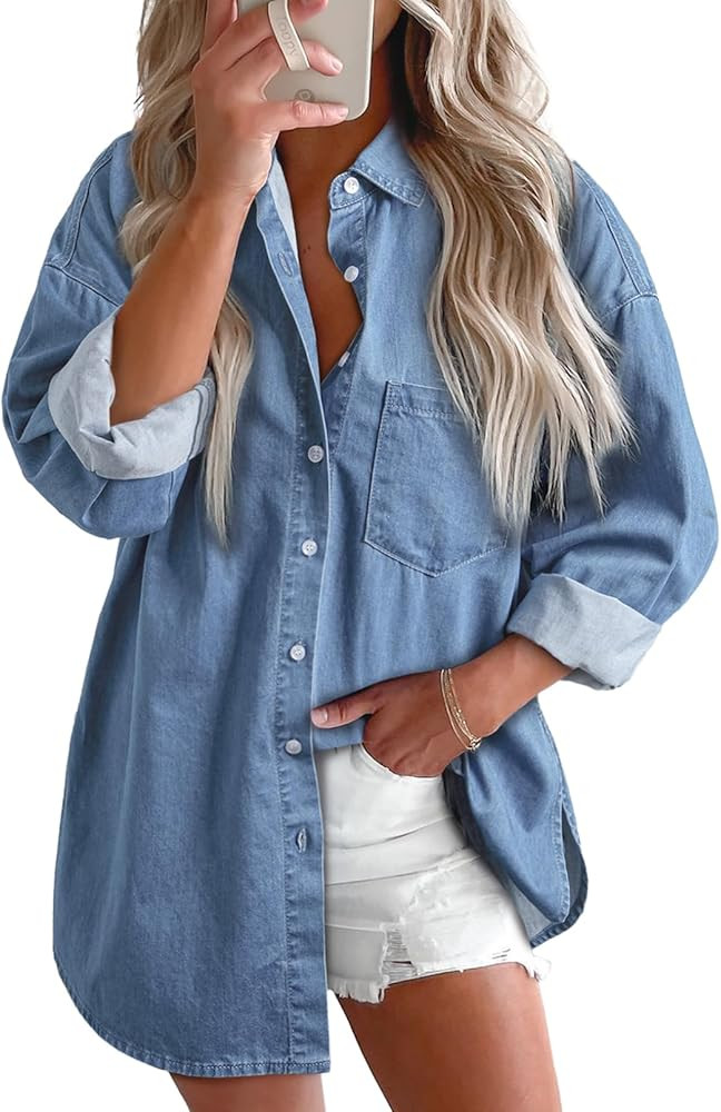 Astylish Women's Button Down Denim Shirt Casual V Neck Long Sleeve Classic Blouse Relaxed Fit Cha... | Amazon (US)