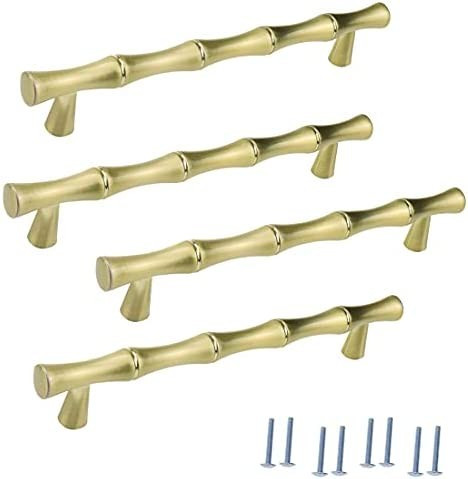 Bitray Cabinet Pulls 3.8" Hole Distance Bamboo Shape Drawer Handles Gold - 4pcs | Amazon (US)