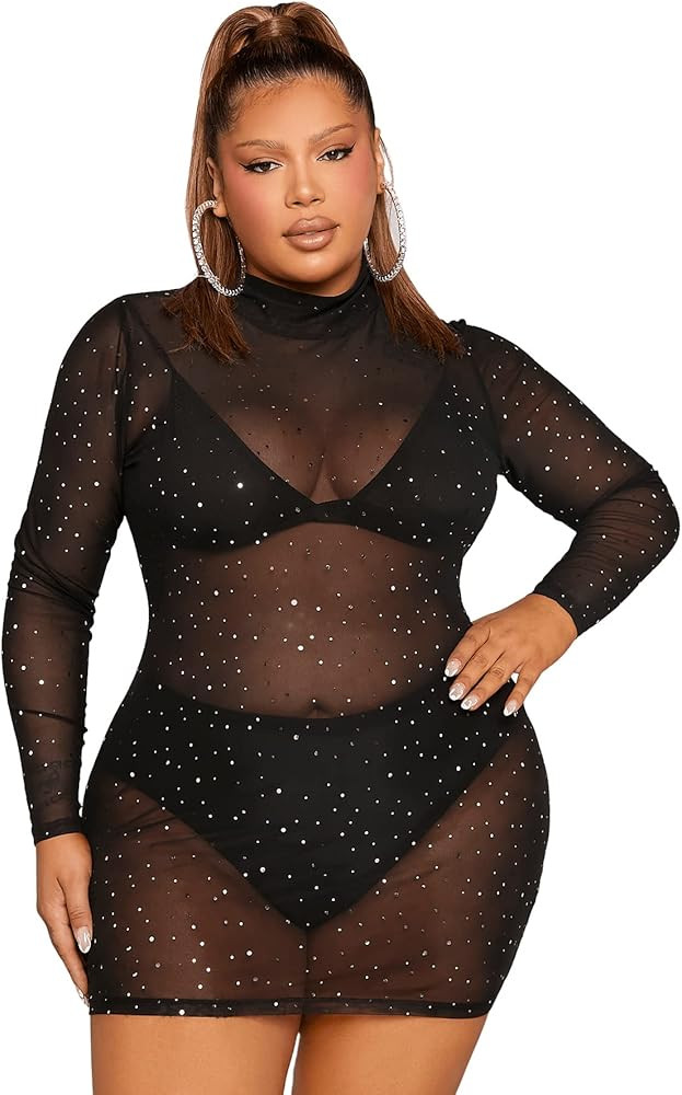 Verdusa Women's Plus Mock Neck Rhinestone Sheer Mesh Bodycon Club Party Dress | Amazon (US)