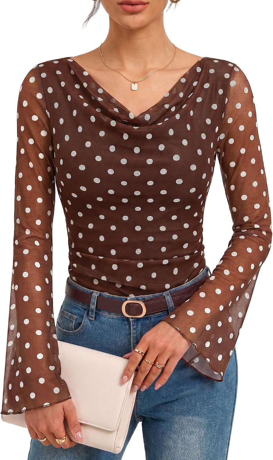 GRACE KARIN Women Boho Mesh Blouses Dressy Casual Cowl Neck Going Out Tops | Amazon (US)