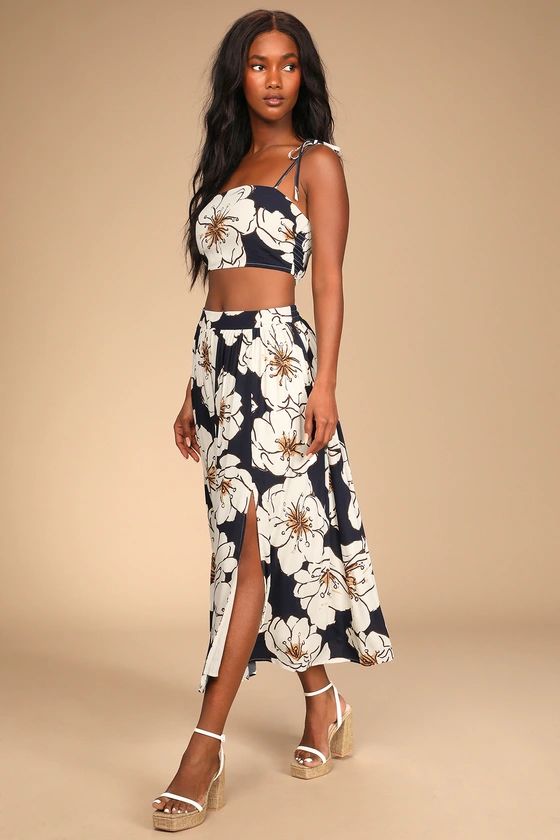 New On The Scene Navy Blue Floral Print Two-Piece Midi Dress | Lulus (US)