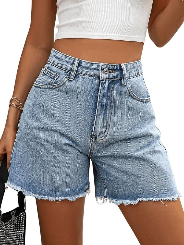 MakeMeChic Women's High Waist Jean Shorts Casual Raw Hem Straight Leg Summer Denim Shorts | Amazon (US)