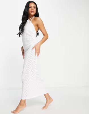 ASOS DESIGN lightweight knit chevron beach maxi dress in white | ASOS (Global)