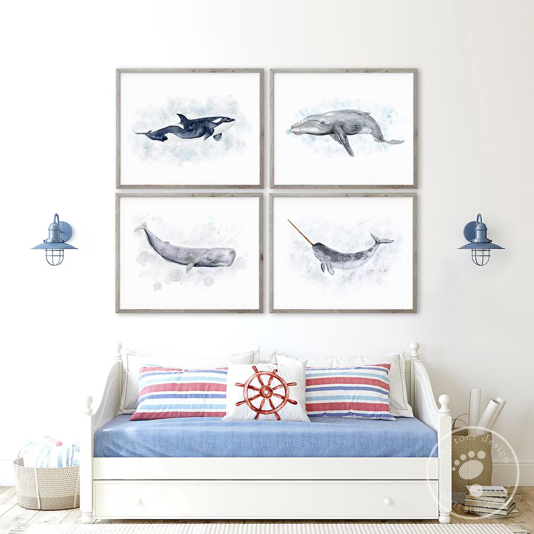 Whale Nursery Art, Ocean Nursery Decor, Whale Print Set of 4, Whale Prints, Ocean Wall Art, Humpb... | Etsy (US)